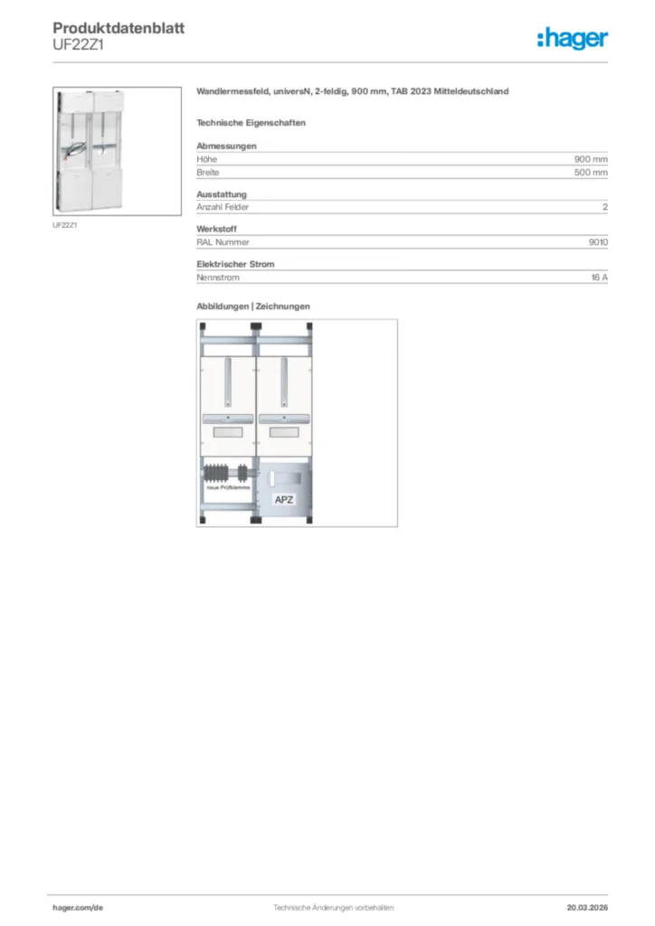 Bild Hager Produktdatenblatt UF22Z1 | Hager Deutschland