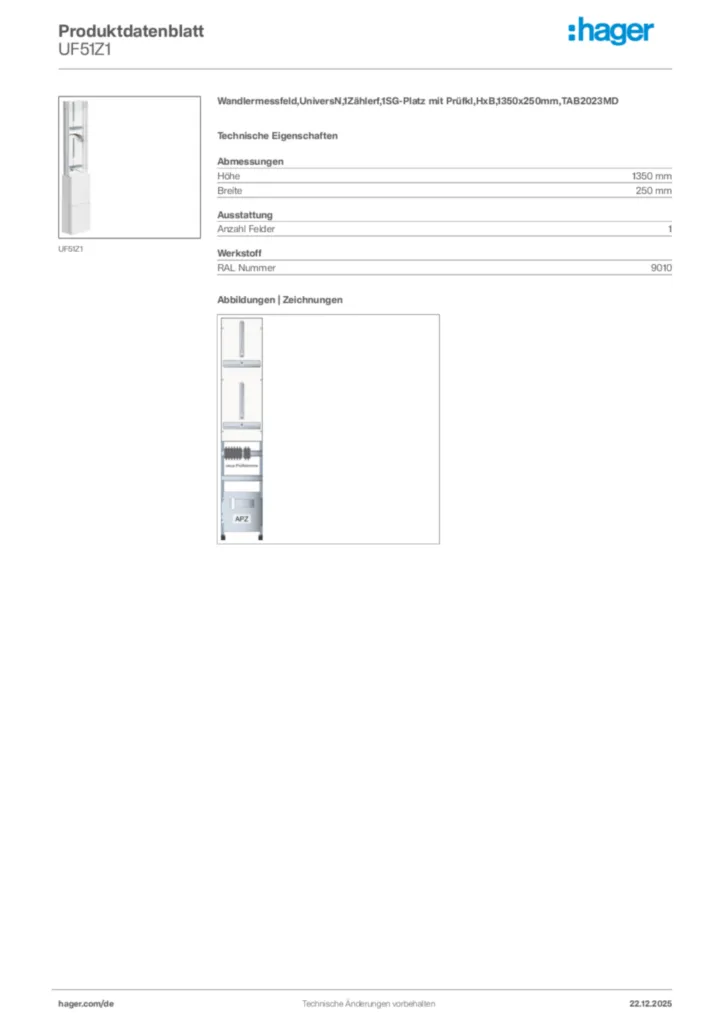Bild Hager Produktdatenblatt UF51Z1 | Hager Deutschland