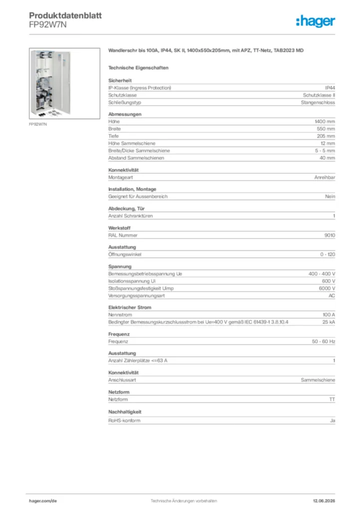 Bild Hager Produktdatenblatt FP92W7N | Hager Deutschland