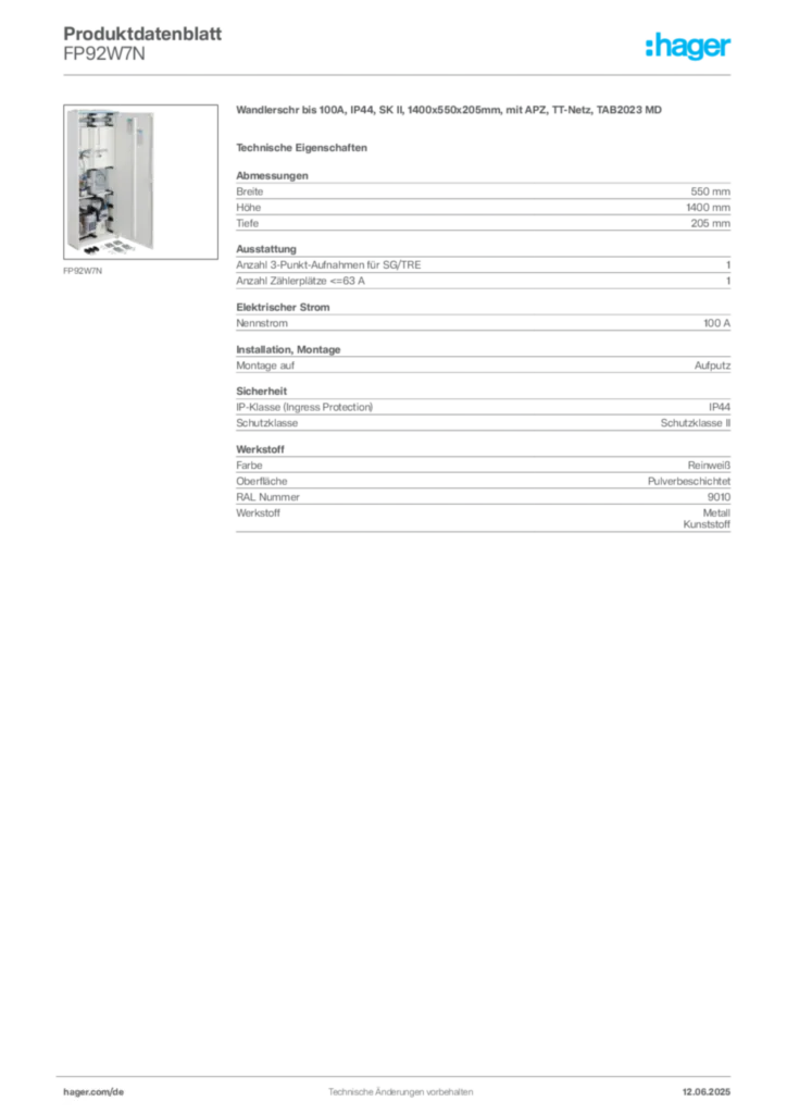 Bild Hager Produktdatenblatt FP92W7N | Hager Deutschland