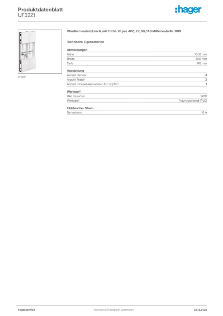 Bild Hager Produktdatenblatt UF32Z1 | Hager Deutschland