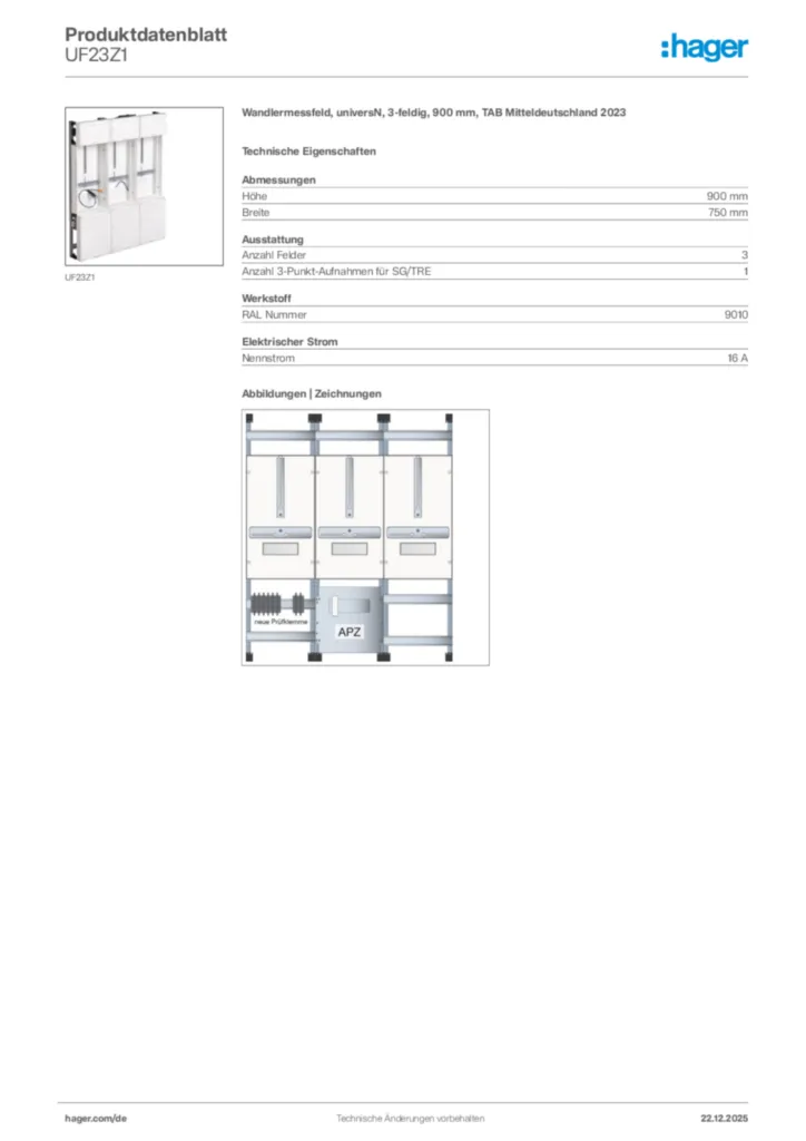 Bild Hager Produktdatenblatt UF23Z1 | Hager Deutschland