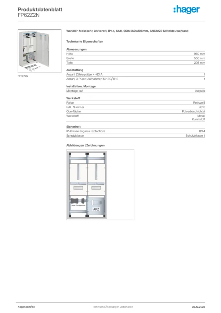 Bild Hager Produktdatenblatt FP62Z2N | Hager Deutschland