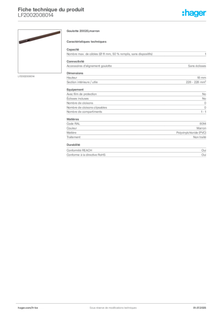 Image Hager Fiche technique du produit LF2002008014 | Hager Belgique