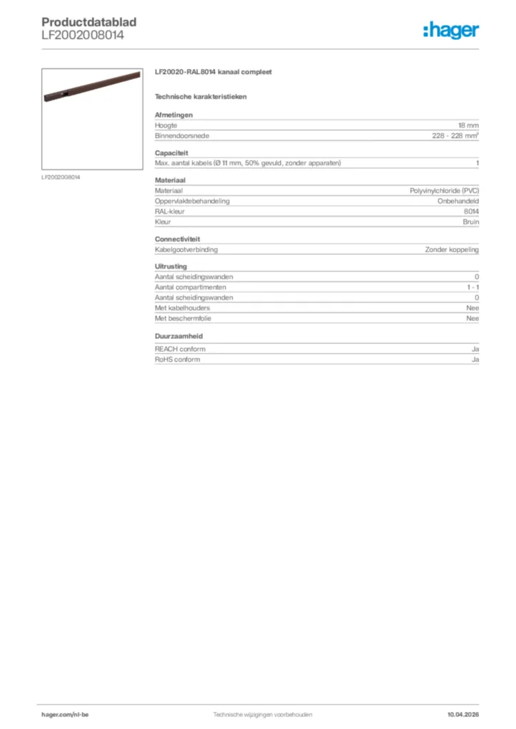 Afbeelding Hager Productdatablad LF2002008014 | Hager Belgium