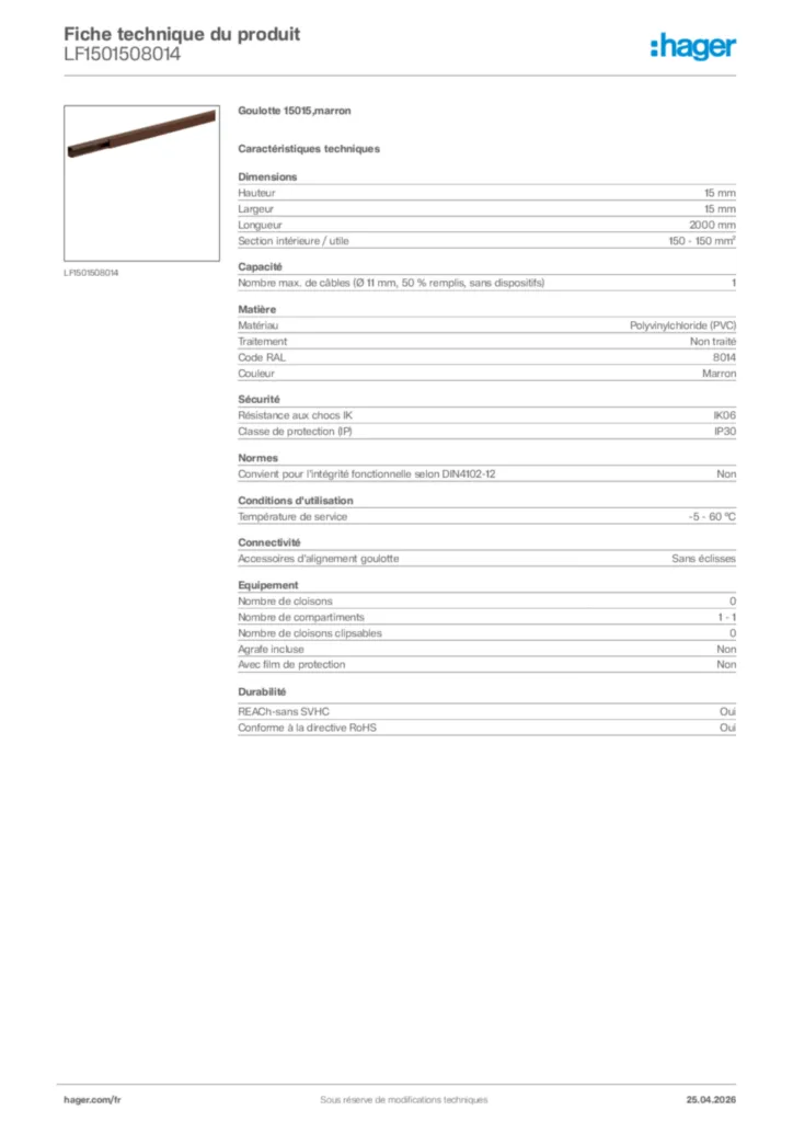 Image Hager Fiche technique du produit LF1501508014 | Hager France