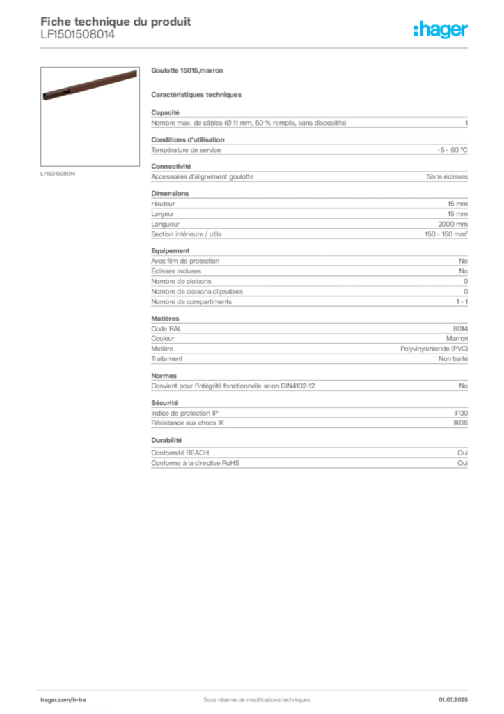 Image Hager Fiche technique du produit LF1501508014 | Hager Belgique