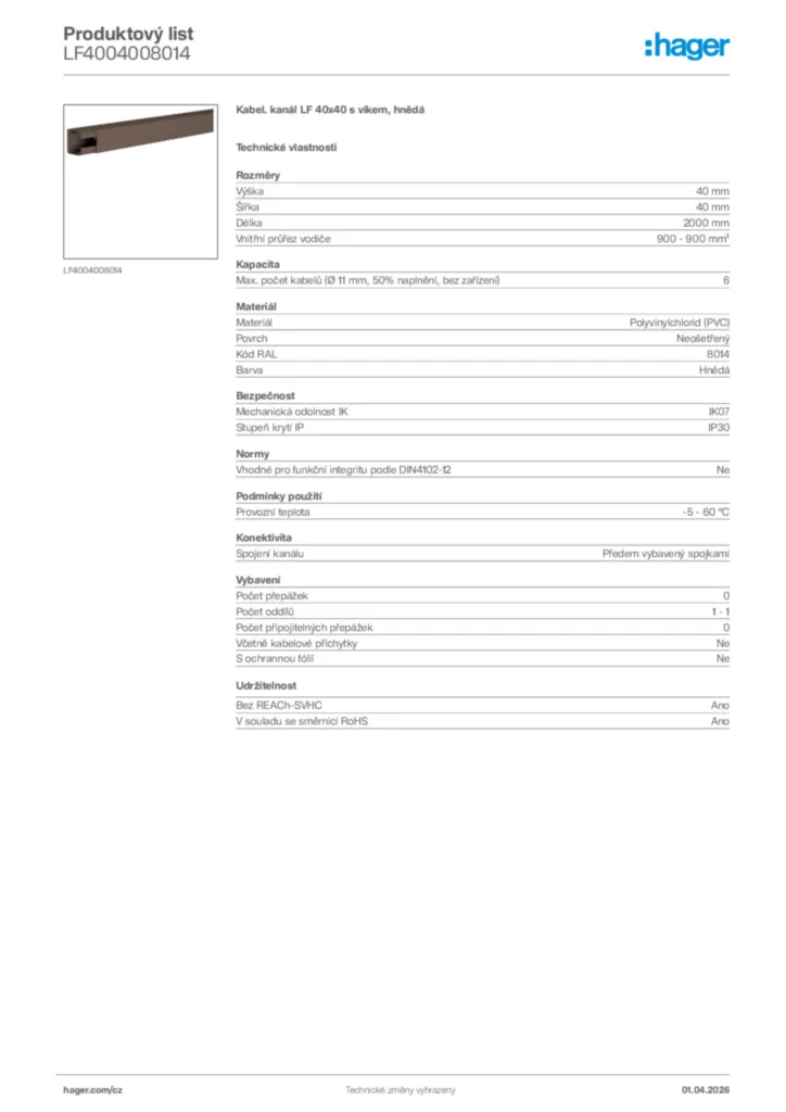 Obrázek Hager Product data sheet LF4004008014 | Hager
