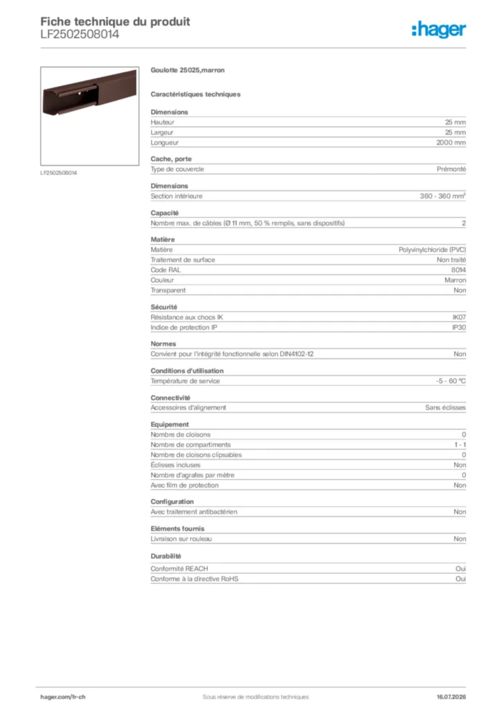 Image Hager Fiche technique du produit LF2502508014 | Hager Suisse