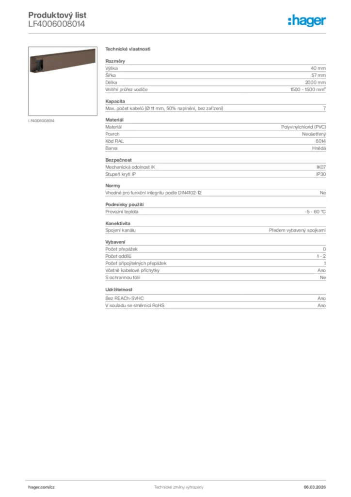 Obrázek Hager Product data sheet LF4006008014 | Hager