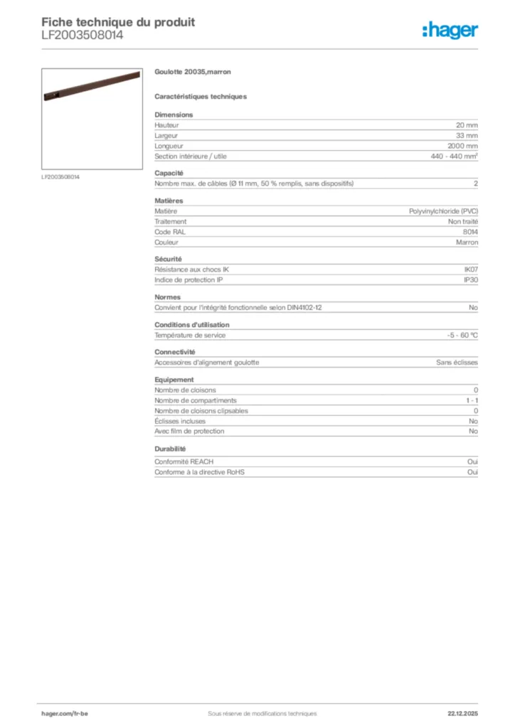 Image Hager Fiche technique du produit LF2003508014 | Hager Belgique
