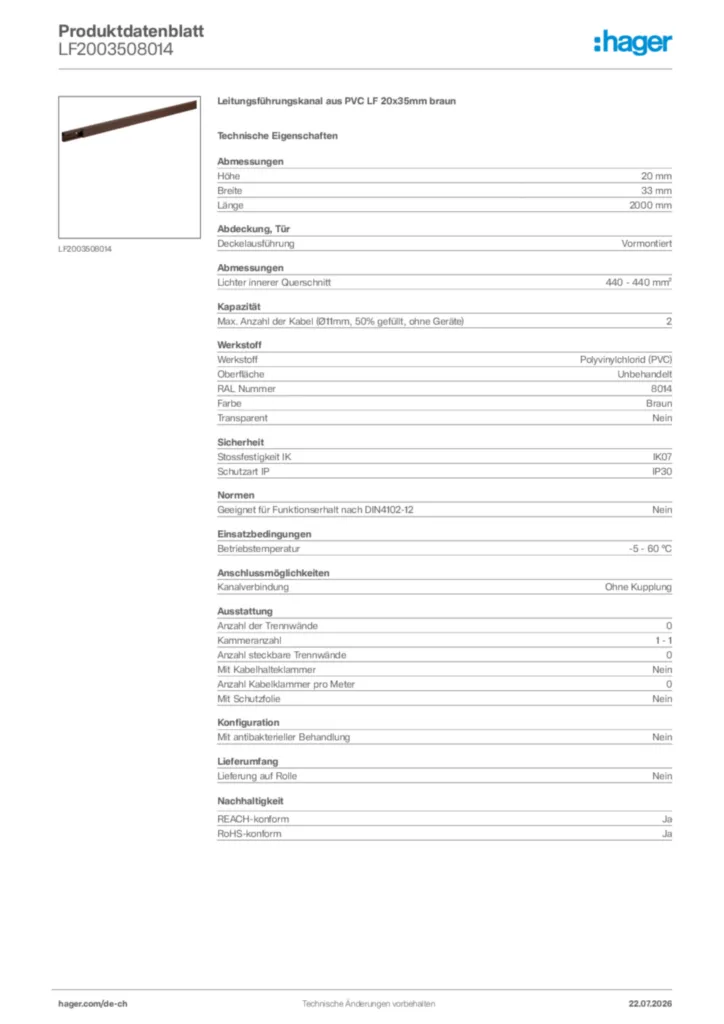 Bild Hager Produktdatenblatt LF2003508014 | Hager Schweiz