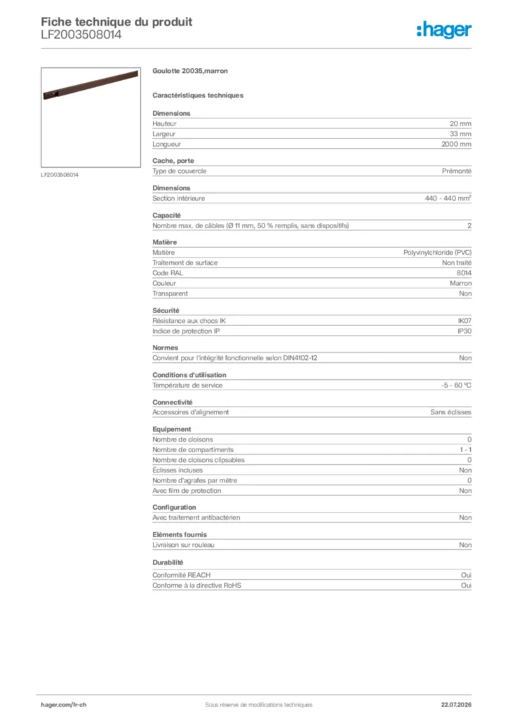 Image Hager Fiche technique du produit LF2003508014 | Hager Suisse