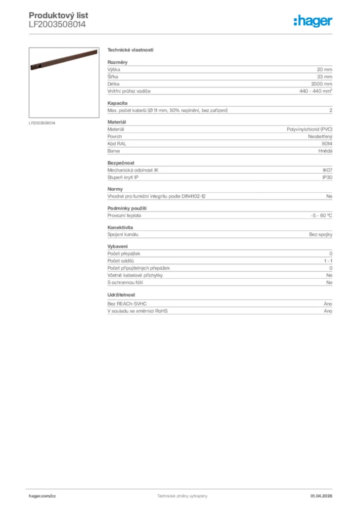 Obrázek Hager Product data sheet LF2003508014 | Hager
