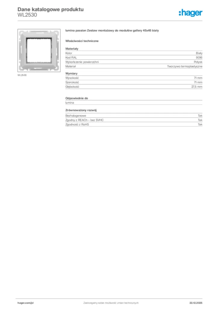 Zdjęcie Hager Dane katalogowe produktu WL2530 | Hager Polska