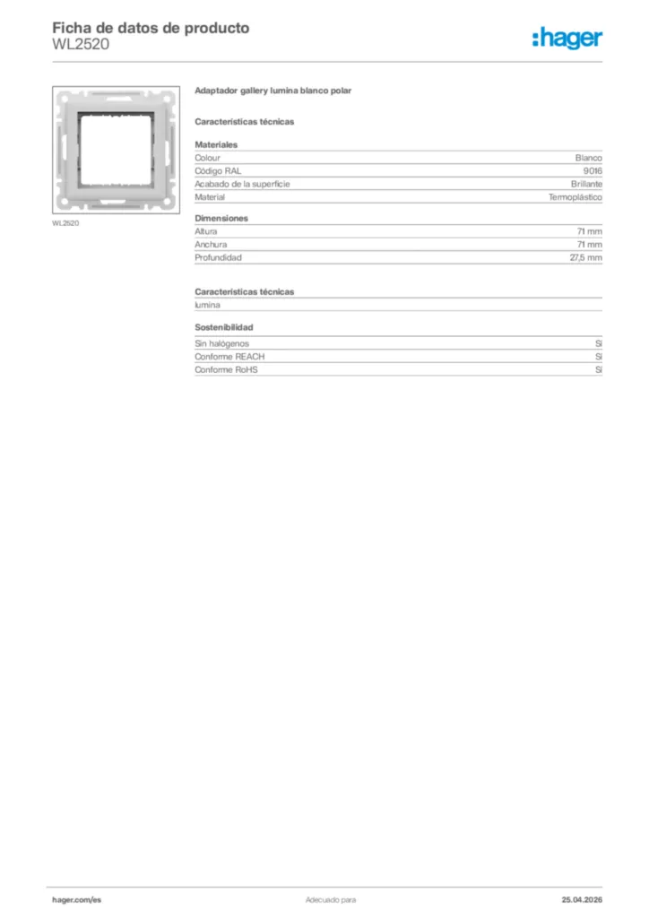 Imagen Hager Ficha de datos de producto WL2520 | Hager España