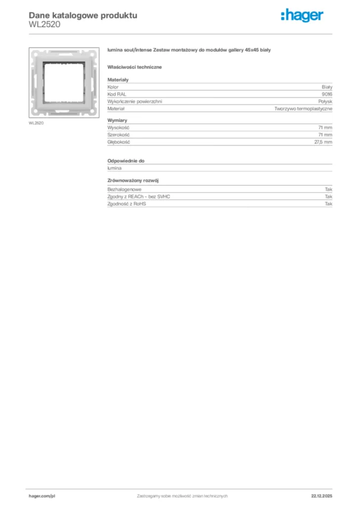 Zdjęcie Hager Dane katalogowe produktu WL2520 | Hager Polska
