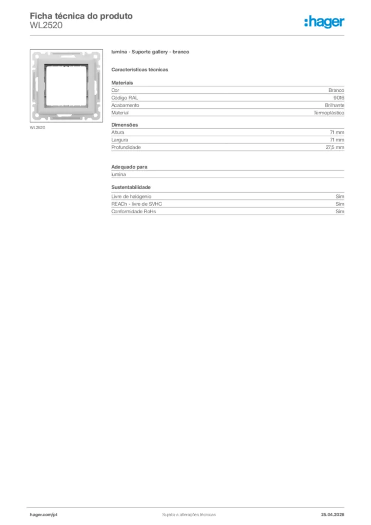 Imagem Hager Ficha técnica do produto WL2520 | Hager Portugal
