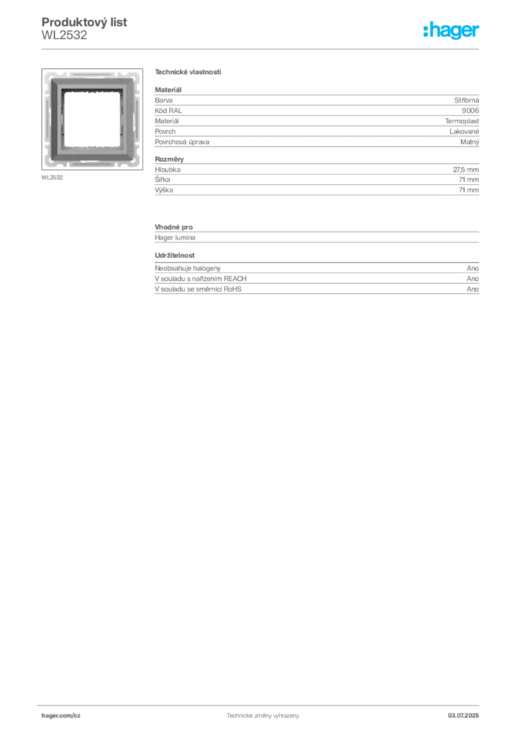 Obrázek Hager Product data sheet WL2532 | Hager