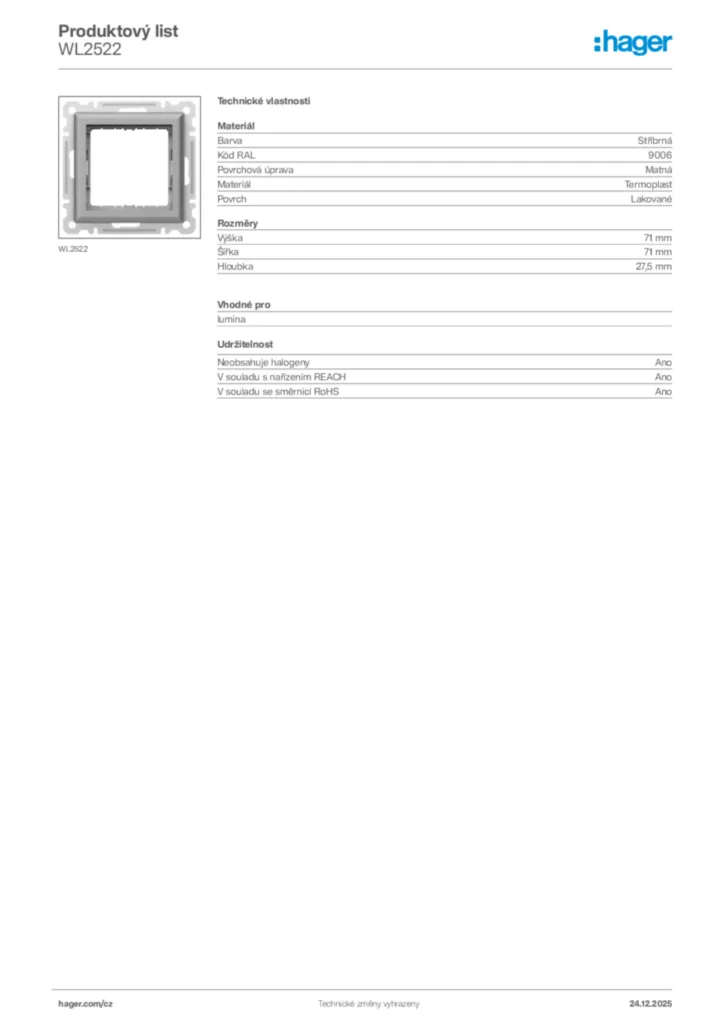 Obrázek Hager Product data sheet WL2522 | Hager