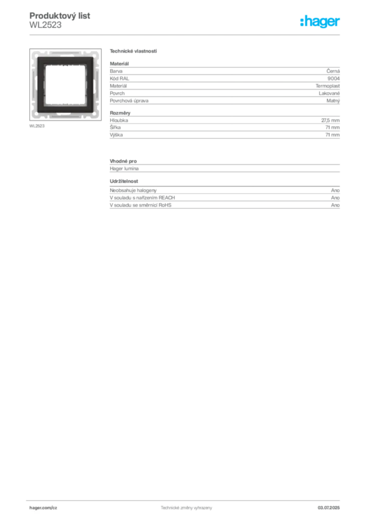 Obrázek Hager Product data sheet WL2523 | Hager