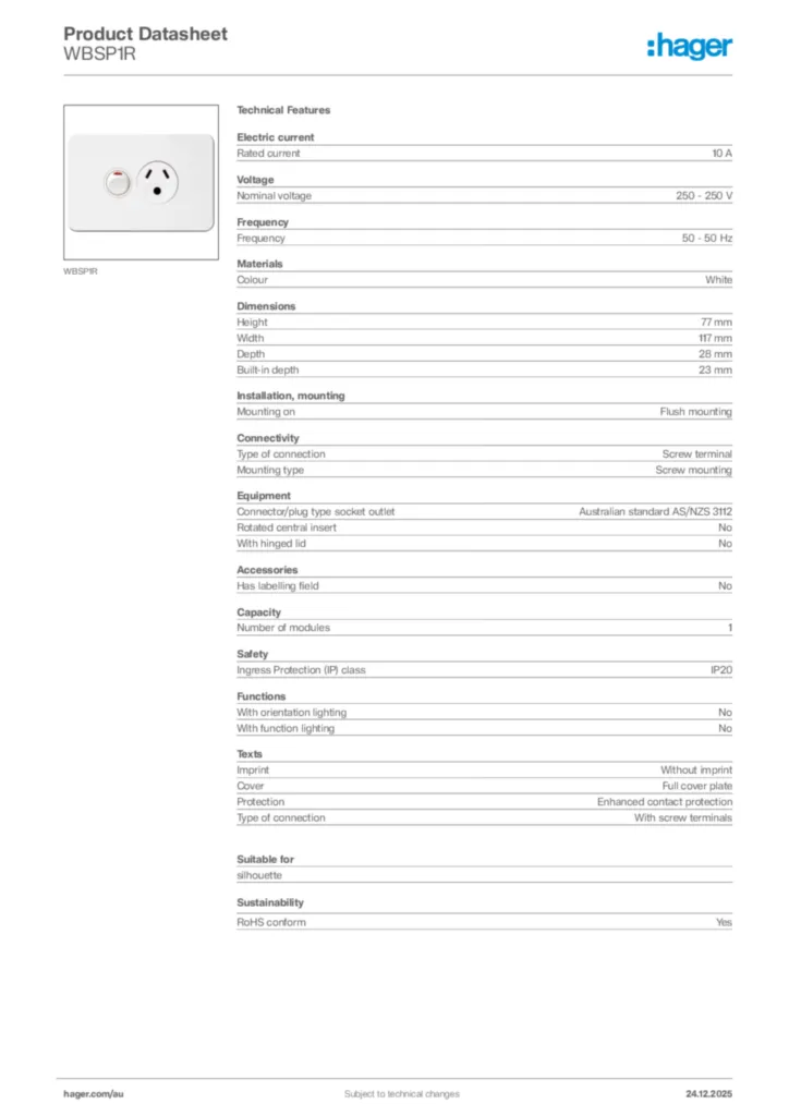 Image Hager Product data sheet WBSP1R  | Hager Australia