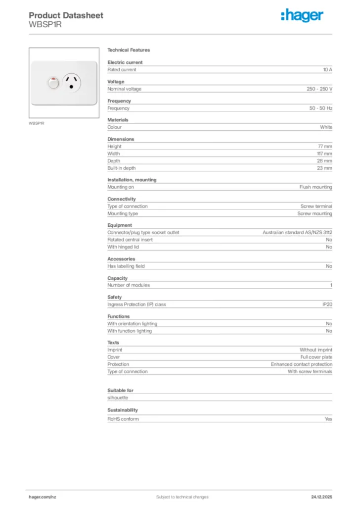 Image Hager Product data sheet WBSP1R  | Hager New Zealand