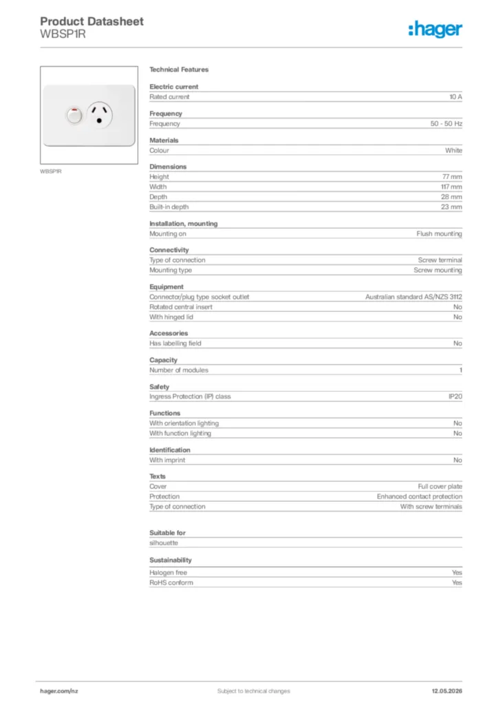 Image Hager Product data sheet WBSP1R  | Hager New Zealand