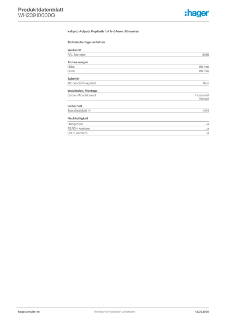 Bild Hager Produktdatenblatt WH23910000Q | Hager Schweiz