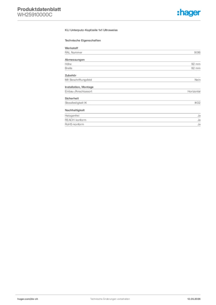 Bild Hager Produktdatenblatt WH25910000C | Hager Schweiz