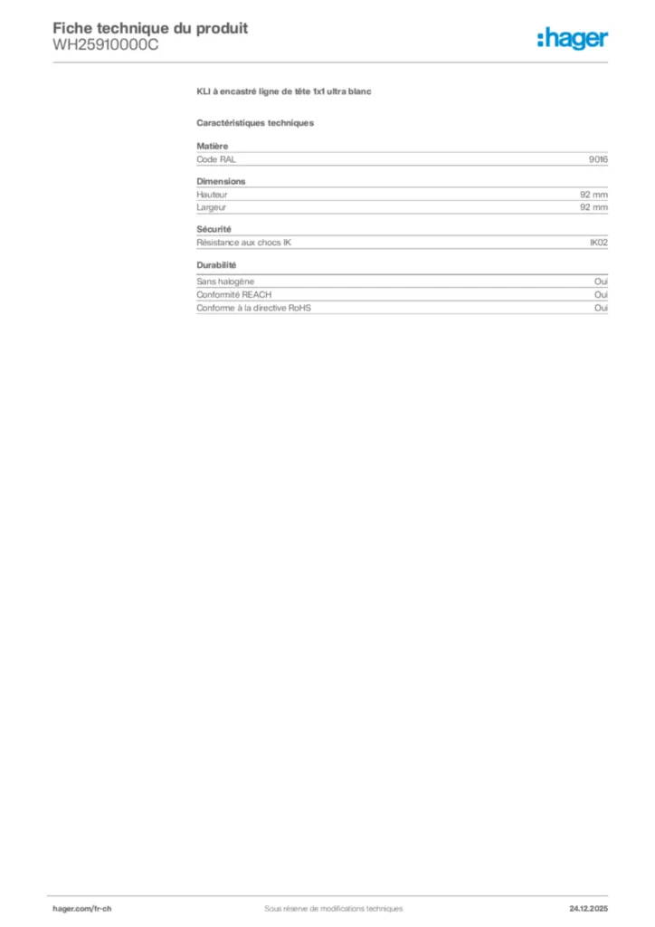 Image Hager Fiche technique du produit WH25910000C | Hager Suisse