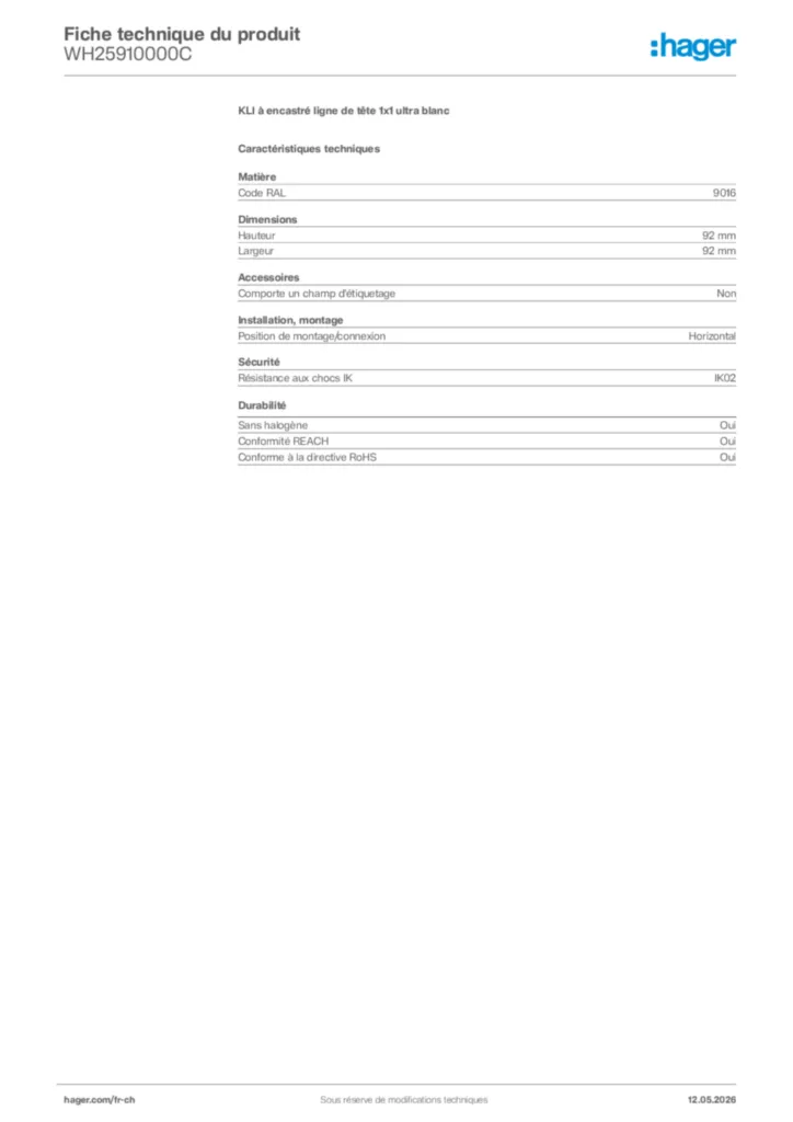 Image Hager Fiche technique du produit WH25910000C | Hager Suisse