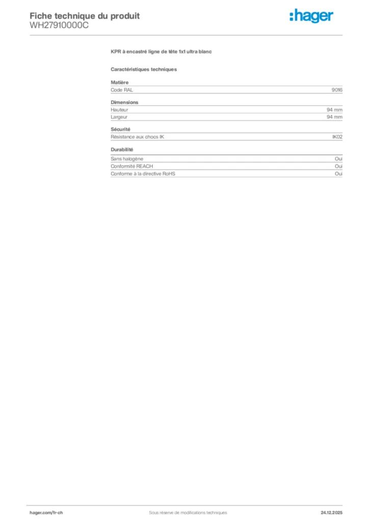 Image Hager Fiche technique du produit WH27910000C | Hager Suisse