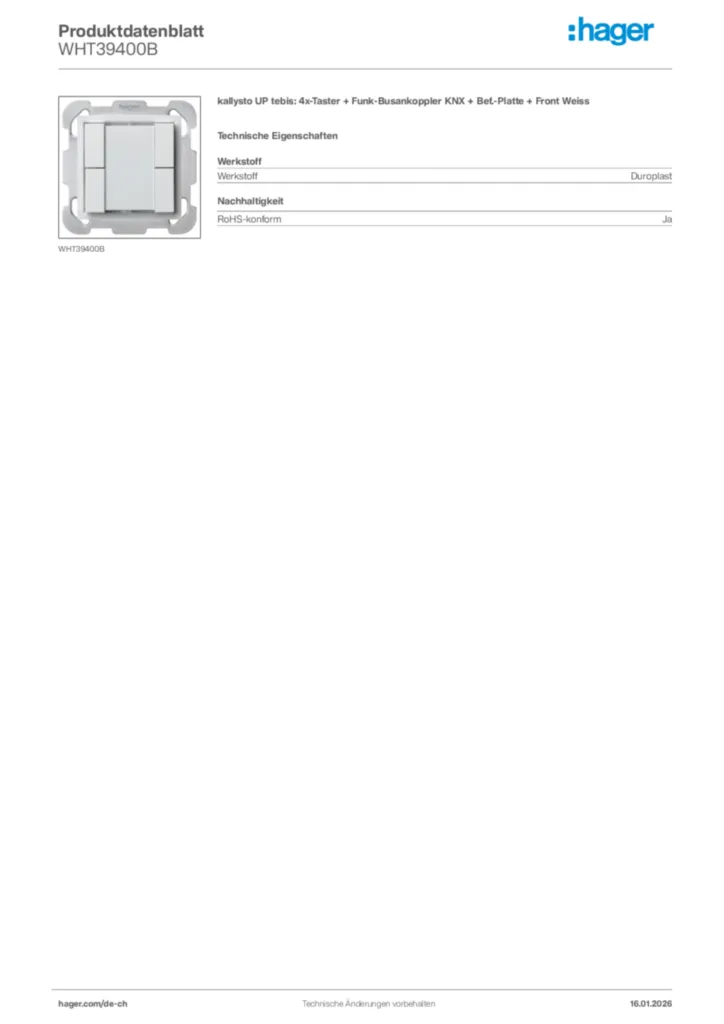 Bild Hager Produktdatenblatt WHT39400B | Hager Schweiz