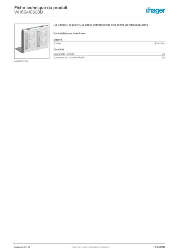 Image Hager Fiche technique du produit WH66410500D | Hager Suisse