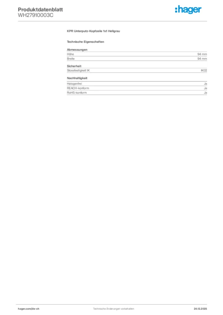 Bild Hager Produktdatenblatt WH27910003C | Hager Schweiz