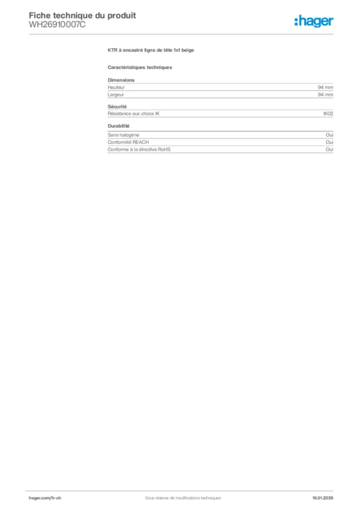Image Hager Fiche technique du produit WH26910007C | Hager Suisse