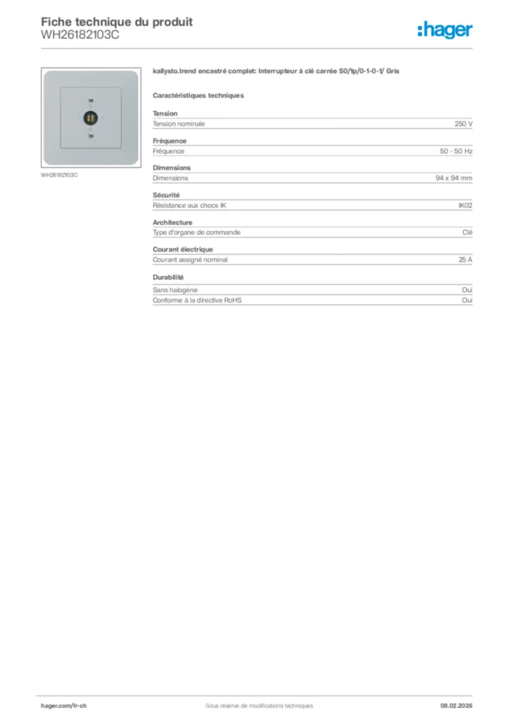Image Hager Fiche technique du produit WH26182103C | Hager Suisse