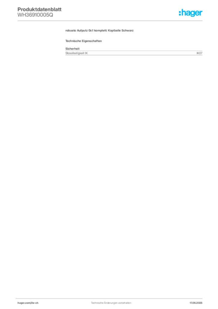 Bild Hager Produktdatenblatt WH36910005Q | Hager Schweiz