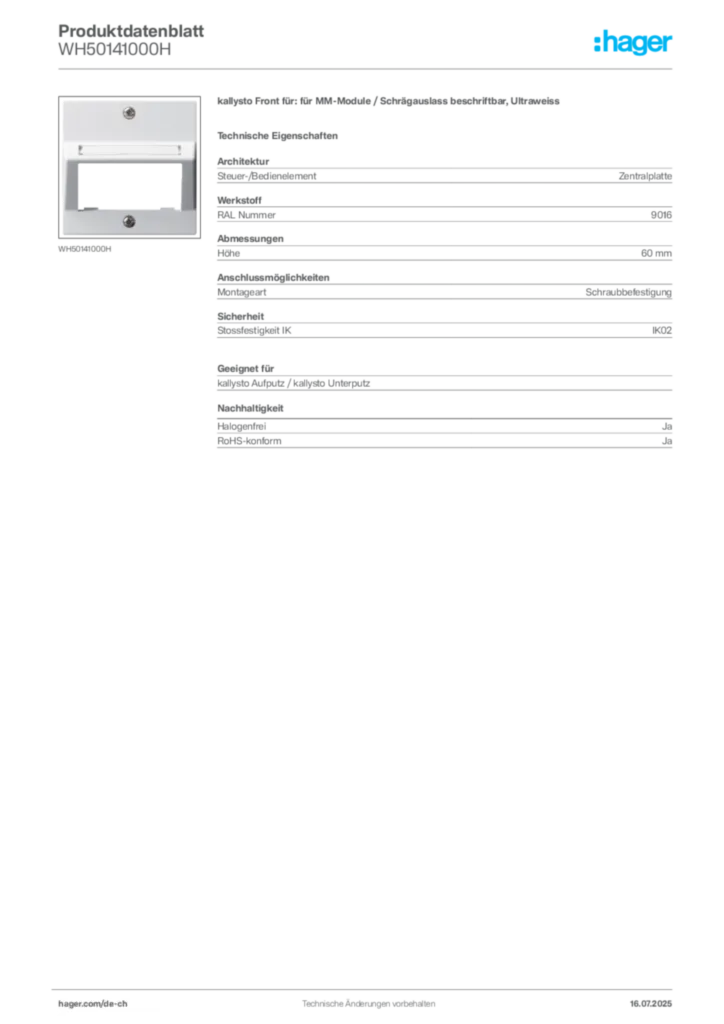 Bild Hager Produktdatenblatt WH50141000H | Hager Schweiz