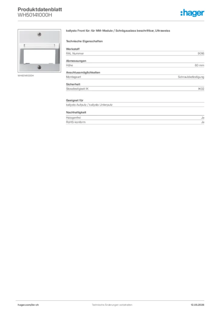 Bild Hager Produktdatenblatt WH50141000H | Hager Schweiz