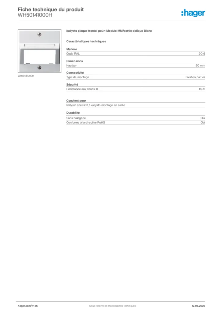 Image Hager Fiche technique du produit WH50141000H | Hager Suisse