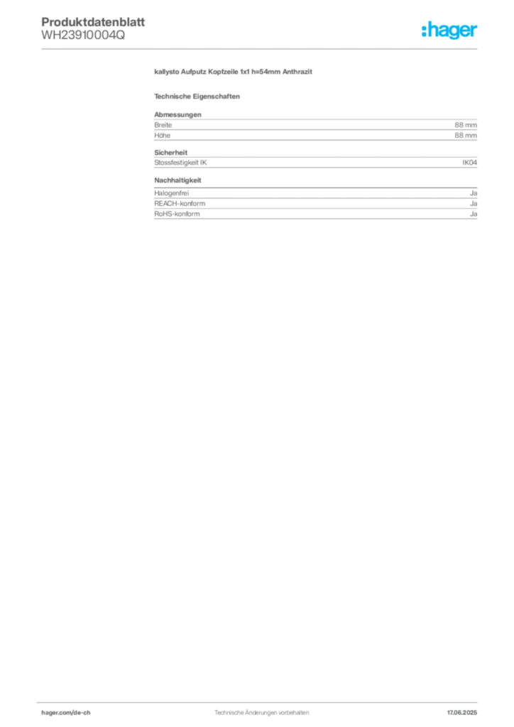 Bild Hager Produktdatenblatt WH23910004Q | Hager Schweiz