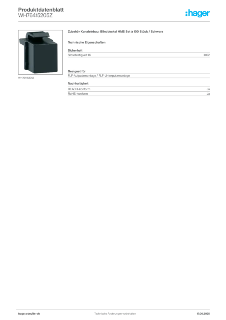 Bild Hager Produktdatenblatt WH76415205Z | Hager Schweiz