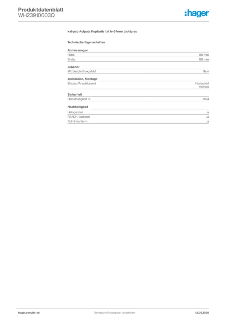 Bild Hager Produktdatenblatt WH23910003Q | Hager Schweiz