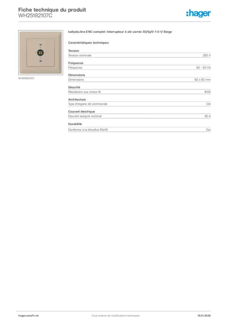 Image Hager Fiche technique du produit WH25182107C | Hager Suisse