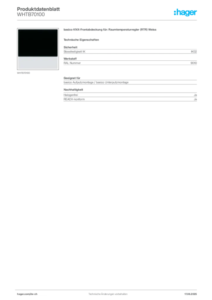 Bild Hager Produktdatenblatt WHTB70100 | Hager Schweiz