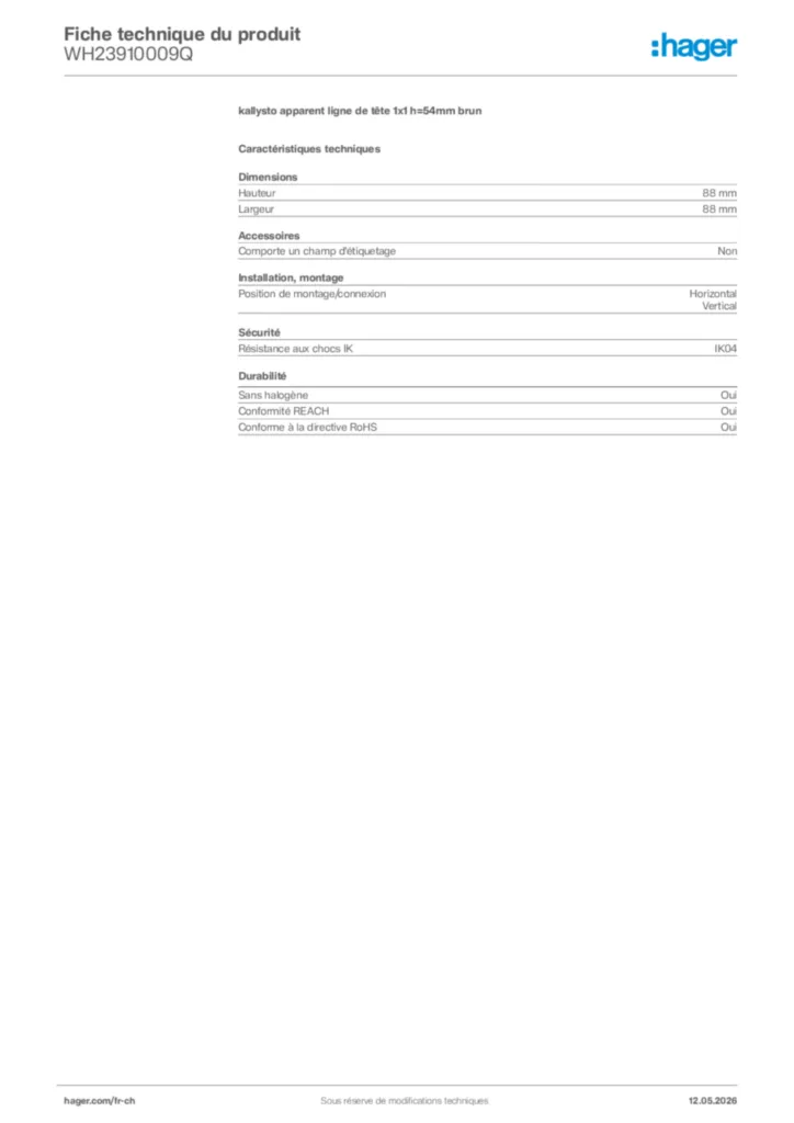Image Hager Fiche technique du produit WH23910009Q | Hager Suisse