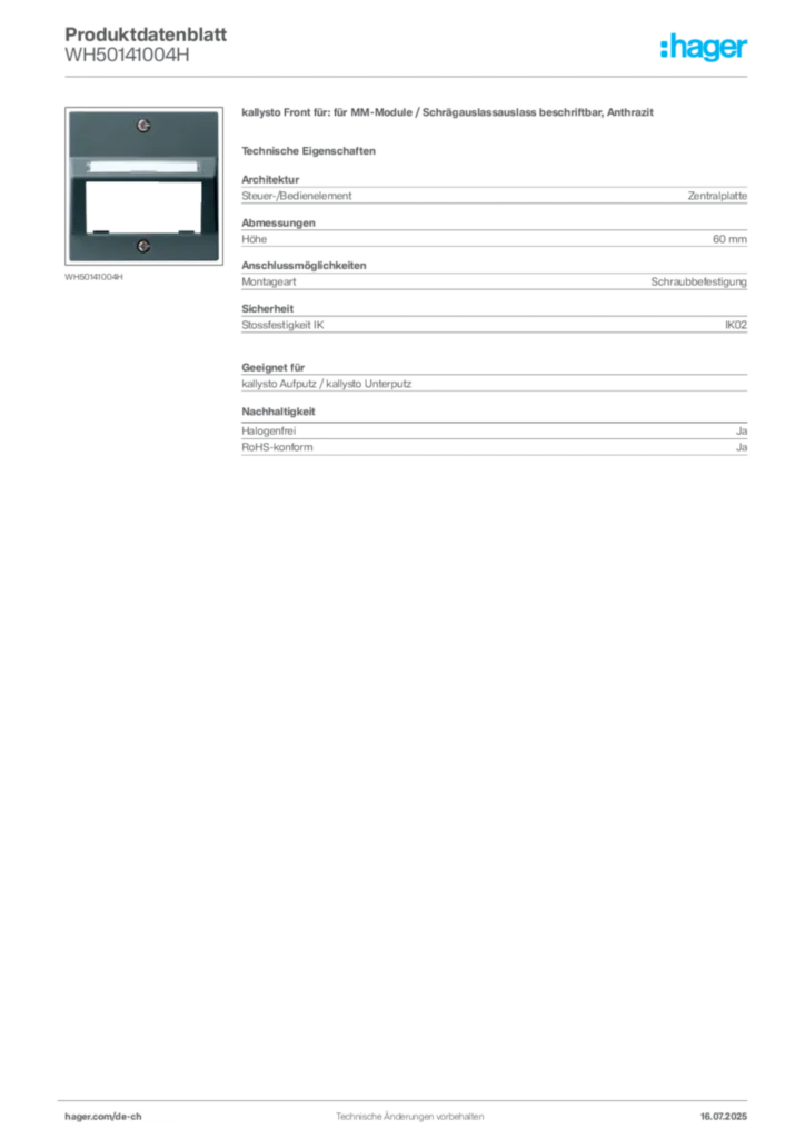 Bild Hager Produktdatenblatt WH50141004H | Hager Schweiz