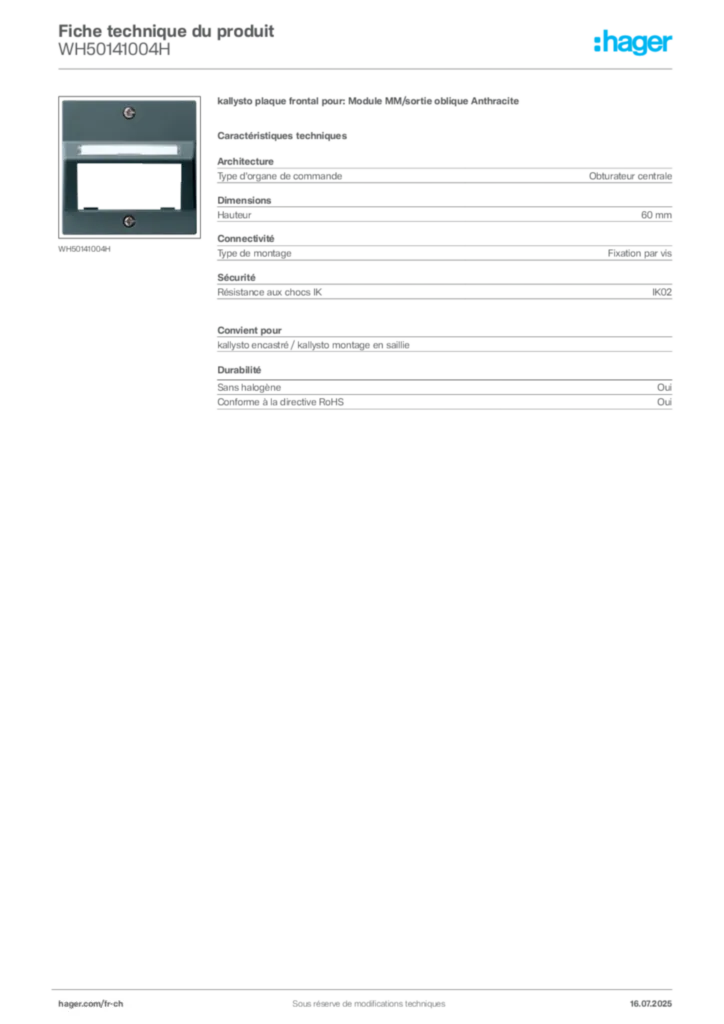 Image Hager Fiche technique du produit WH50141004H | Hager Suisse